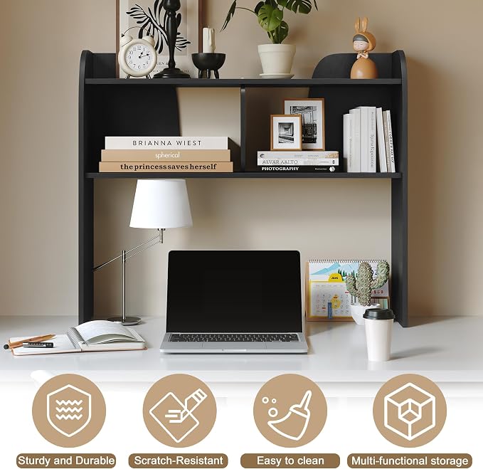 Wooden 3-Tier Desktop Bookshelf, 37" Rounded-Edge Desk Storage Organizer, Space-Saving Countertop Shelving Unit for Home, Office & Dorm, Black