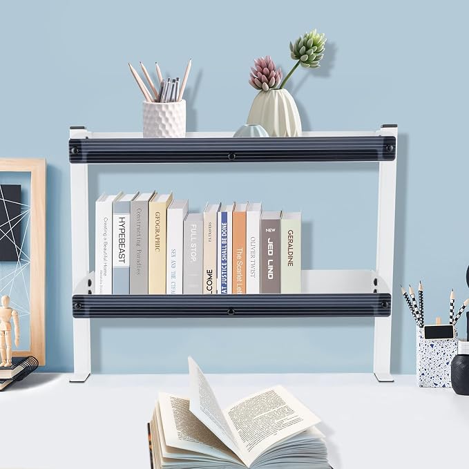 Clamp-on Desk Shelf, 2-Tier Desktop or Under-Desk Shelving Adjustable Desktop Organizer for Office Bedroom (White)