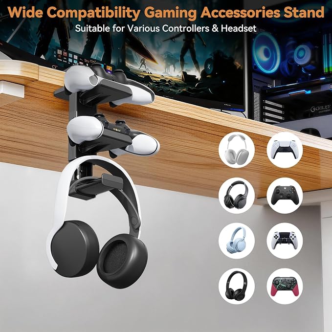 Headphone Stand & Under Desk Controller Holder with Adjustable Clamp, Controller Stand & Headset hanger for Desk Mount with 360° Rotating Hook & Cable Organizer 3-in-1 Game Organizer, Headphone Cases