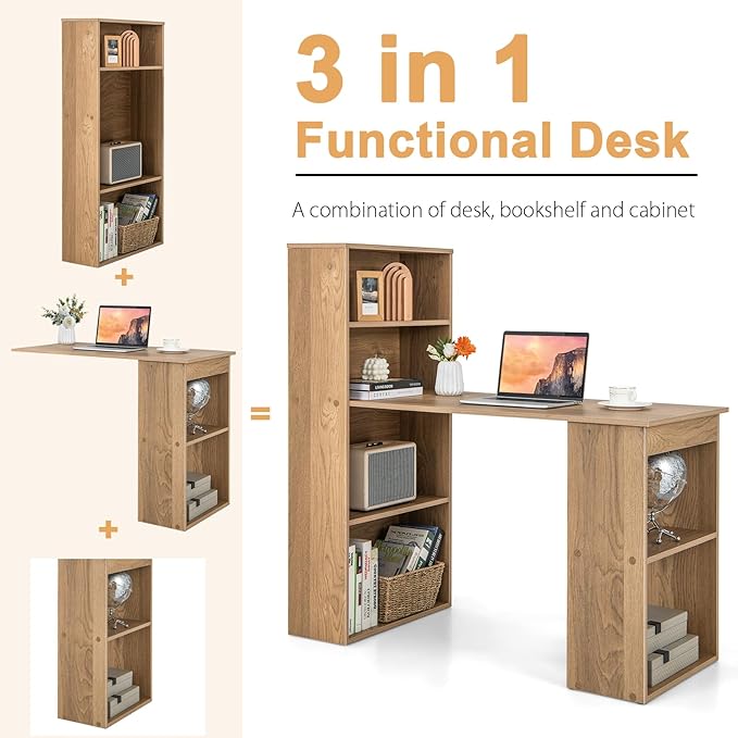 Tangkula Computer Desk with Bookshelf, Writing Study Desk with Storage Shelves & CPU Stand, Modern Compact Computer Workstation for Home & Office, Space-Saving Design(Natural)