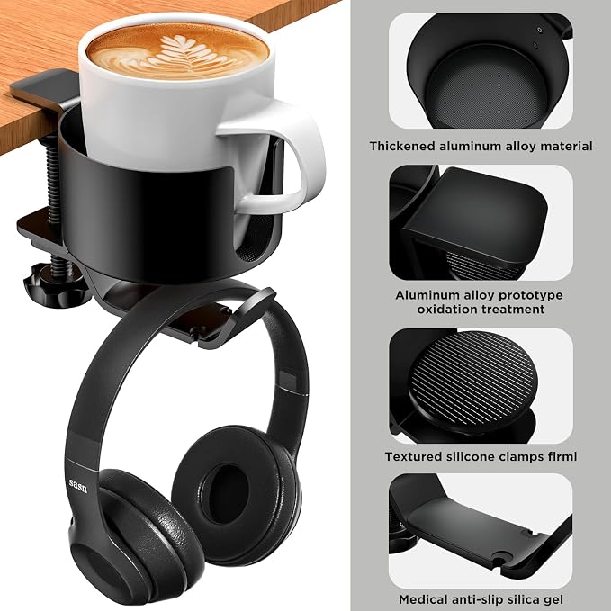 OOKUU 2 in 1 Desk Cup Holder with Headphone Hanger, Anti-Spill Cup Holder for Desk or Table, Easy to Install, Sturdy and Durable, Enough to Hold Coffee Mups, Water Bottles, Headphones (Pack of 2)