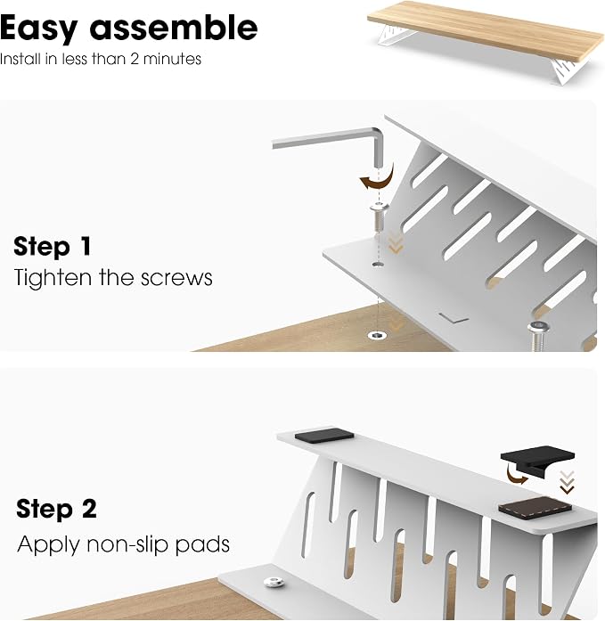 Fenge Dual Monitor Stand Riser, 42.5 Inch Desk Top Shelf for 2 Monitors, Computer Stands for Desk, Wood & Steel Desktop Riser for Laptop, PC, Printer