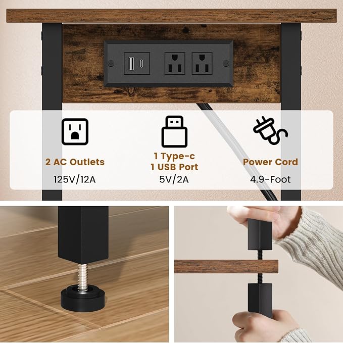 Asgolion Tall End Table with Charging Station, Skinny Nightstand with USB Ports and Outlets, 3 Tier Narrow Side Table with Storage for Bedroom, Living Room, Office, Rustic Brown and Black