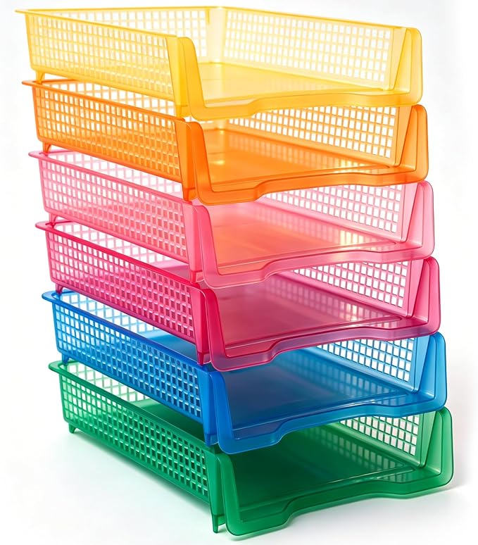 Geetery Set of 6 Plastic Trays for Teachers Turn in Trays Classroom Stackable Paper Tray Plastic Classroom Teachers Desk Letter Organizer Storage Baskets for Office, Desk, Home (Clear Mixed Color)