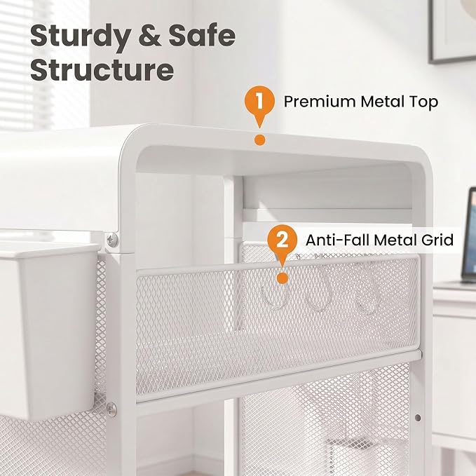 ECOLOVI 3 Tier Printer Stand for Under Desk, Height Adjustable Shelf Small Printer Table with 3 S-Hooks & Basket, Heavy Duty Industrial Storage Shelf for Home Office (White Metal)