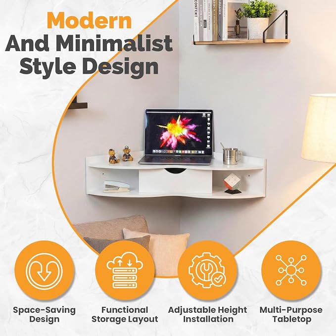 Basicwise White Heart Shaped Wall Mounted Office Table with Drawer and Two Shelves Computer Writing Corner Desk QI004024.WT