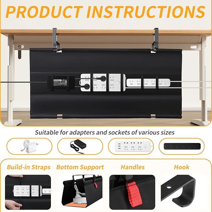 No Drill Under Desk Cable Management, 36" Desk Cable Management Tray, Standing Desk Cord Organizer Clamp Screw Mount, Cable Management Under Desk Black Fabric Desk Organizer for Home Office