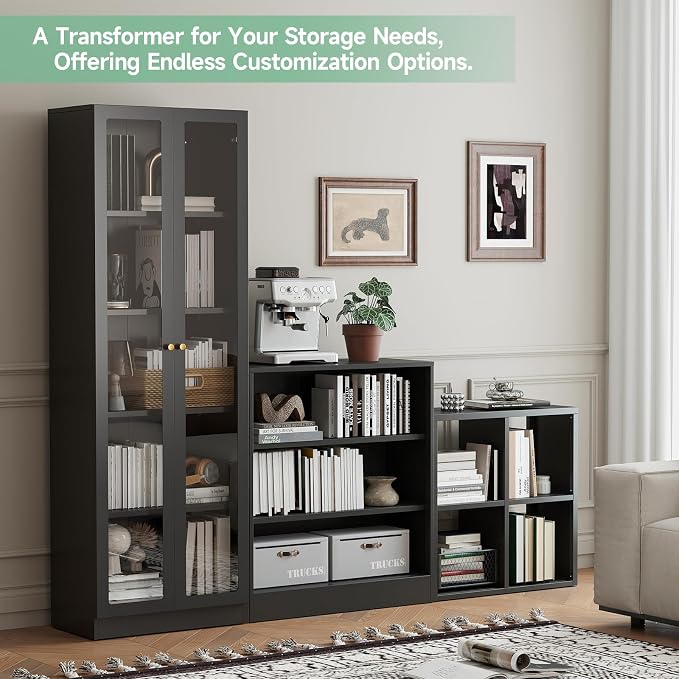 IRONMIX Metal Cube Storage Organizer with 4 Storage Basket, Short Bookshelf with Storage, 2 Tier Black Bookshelf Cube Shelf, Short Bookcase for Home Office Library (Black, 700+1037 with Basket)