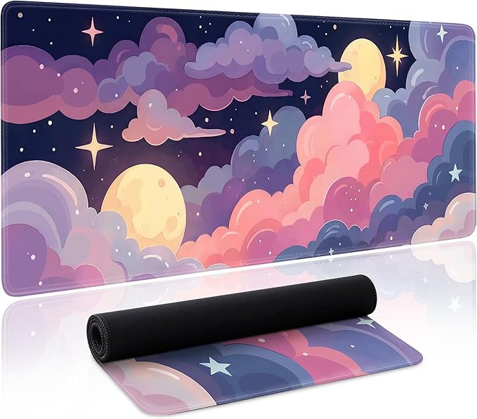 Cute Mouse Pad Kawaii Large Desk Mat Extended Keyboard Mouse Pad Pink Purple Cloud Mousepad with Non-Slip Base and Stitched Edge Gaming Mouse Mat Desk Pad 31.5 x 11.8 Mouse Pads for Desk Home Office