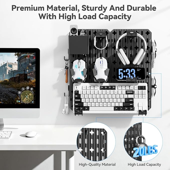 KDD Keyboard and Mouse Display Stand Holder, Wall Mount Office Organization Pegboard Combination Kit with Pen holder, Hooks, Headset & Controller Stand for Office & Home Hanging Organizer Storage