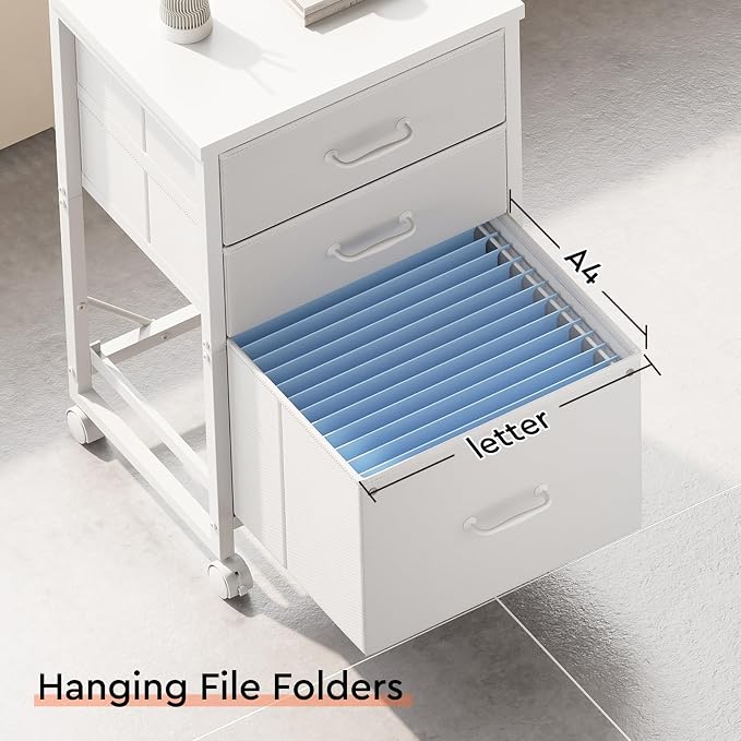 Maihail 3 Drawer Mobile File Cabinet with Wheels Fabric Vertical Filing Cabinet fits A4 or Letter Size for Home Office,White