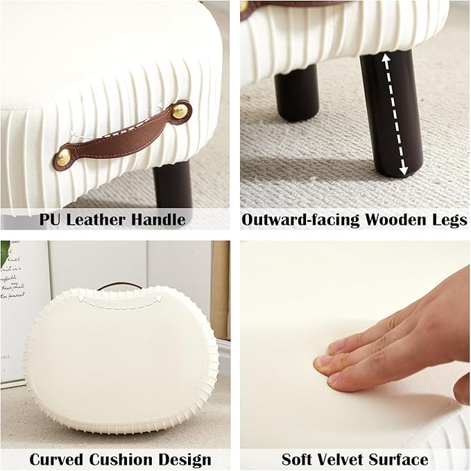 Foot Stools Small, White Ottomon with Handle, Velvet Footrest | Curved Foot Stool with Padded Seat Wooden Legs, Portable Foot Rest for Living Room, Bedroom, Entryway (White)