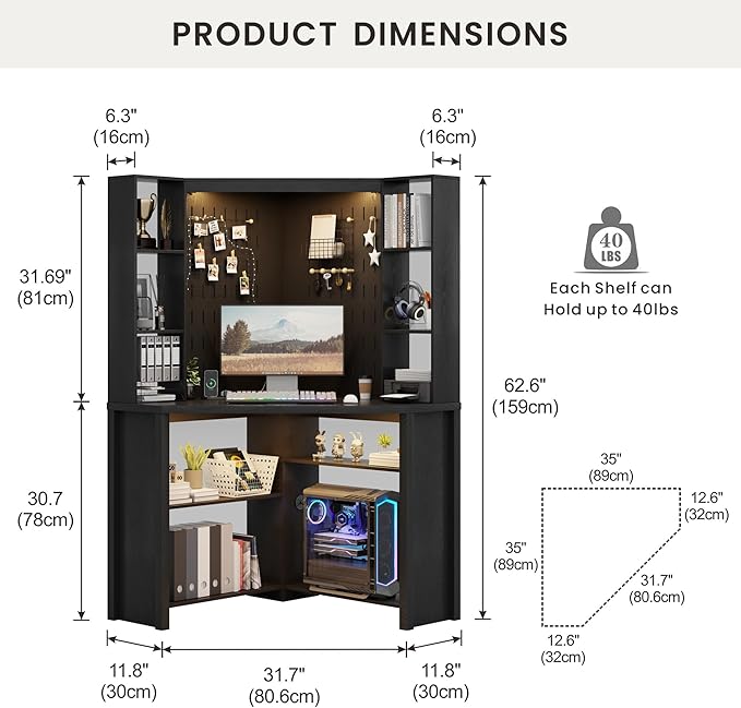Corner Desk with Shelves-&LED Reading Light,Triangle Home Office Desk w/Charging Station for Work & Study,File Cabinet Storage Bookshelf for Small Space （Black）