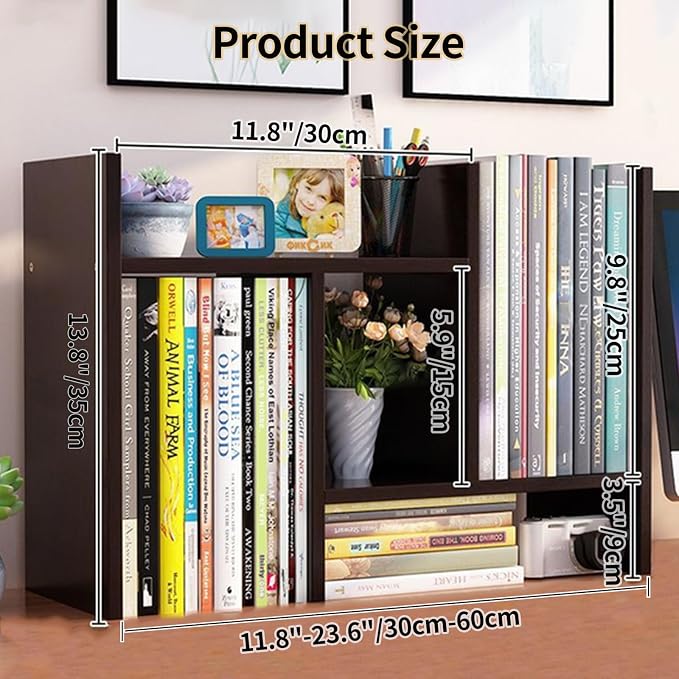Desktop Shelf Organizer, Adjustable Wood Office Storage Rack, Counter Display Small Bookshelf for Home/Office/School(Dark Walnut)