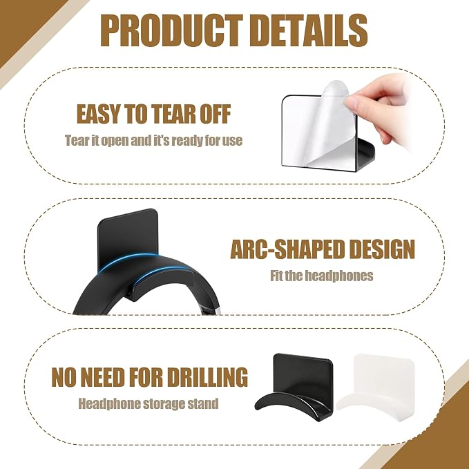 60 Pcs Headphone Wall Hangers Adhesive Gaming Headset Holder Hooks for Wall Mount Strong Universal Stand Hooks for Most Headphone Controller,Game Pads,Hat,Baseball Caps,Closet,Under Desk（Black+White）