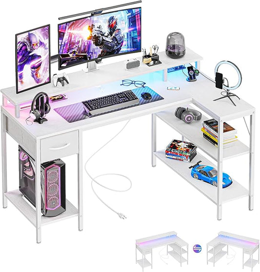 DUMOS 53" Gaming Desk with USB Charging Ports & LED Lights, Reversible L-Shaped Corner Computer Table for Small Spaces, Power Outlets, Monitor Stand & Storage Shelves Included, White