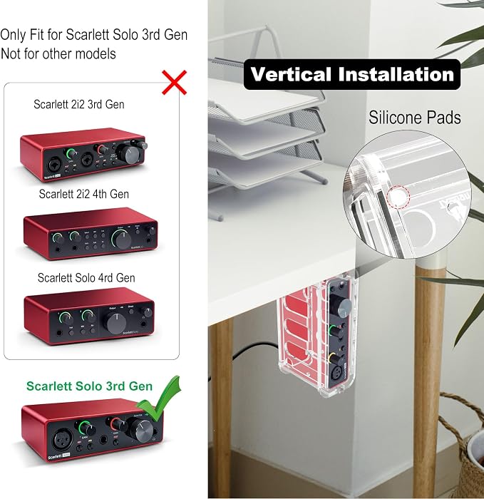 Under Desk Holder for Scarlett Solo 3rd Gen, Acrylic Under Desk Shelf Organizer Under Desk Mount Wall Mount Holder (Transparent)