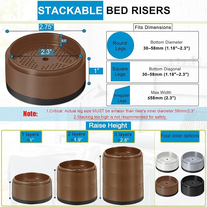 Bed Risers 1 inch, 2 inch, 3 inch, 4 inch Heavy Duty, Adjustable Furniture Riser for Table Desk Couch Sofa Chair Refrigerator Washing Machine, Stackable Bed Raisers Blocks (Brown 6 Pack, 1 inch)