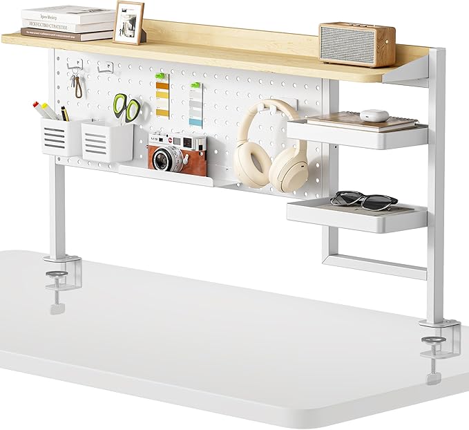 PEGZONE Clamp on Desk Shelf, 44" Desktop Shelving System, White | with Pegboard and Accessories, Desktop Organizer with 2-Tier Shelf, Desk Pegboard for Gaming Office
