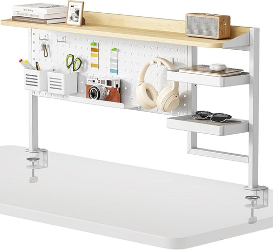 PEGZONE Clamp on Desk Shelf, 44" Desktop Shelving System, White | with Pegboard and Accessories, Desktop Organizer with 2-Tier Shelf, Desk Pegboard for Gaming Office