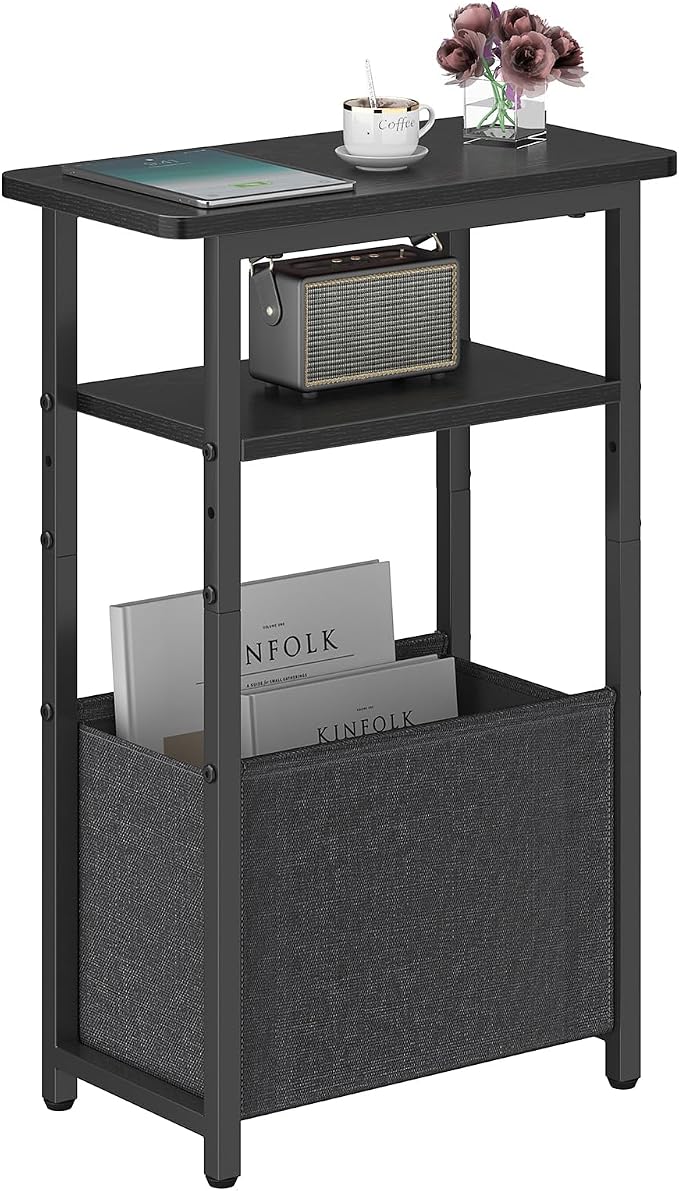 sthmec Narrow Side Table, Skinny End Tables with Fabric Basket, Small Side Tables for Small Space, 2-Tier Open Shelves with Basket, Slim Nightstands for Bedroom,Living Room,Office, Black