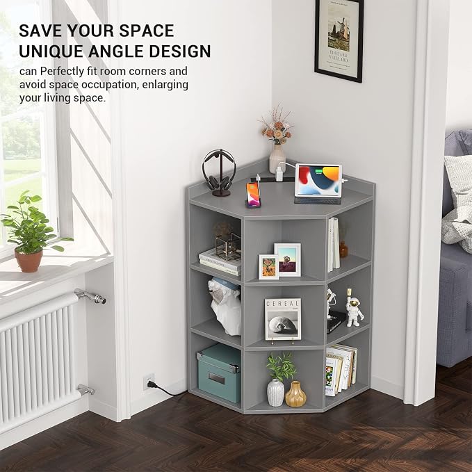 Aheaplus Corner Cabinet, Corner Storage with USB Ports and Outlets, Corners Cube Toy Storage for Small Space, Wooden Corners Cubby Bookshelf with 9 Cubes for Playroom, Bedroom, Living Room, Grey