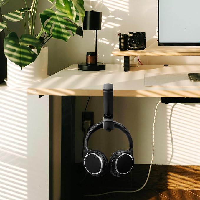 2pcs Under Desk Headphone Hanger Holder Utility Hook 360° Rotating Adjustable Clamp-on Earphone Hook Holder Mount Cable Clip Organizer Fit for PC Gaming Office Headset Hanger Gift (Black)