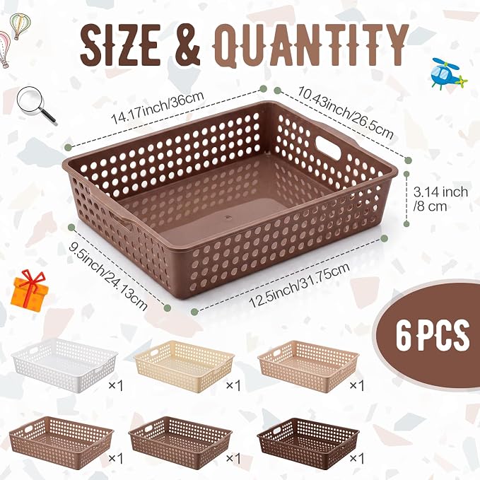 Geetery 6 Pack Classroom Storage Baskets with Handle 14''x10'' Paper Tray Holds A4 Turn in Trays Plastic Paper Baskets Desk Organizer Bin for Classroom, Library, Office, Home (Gradient Brown)