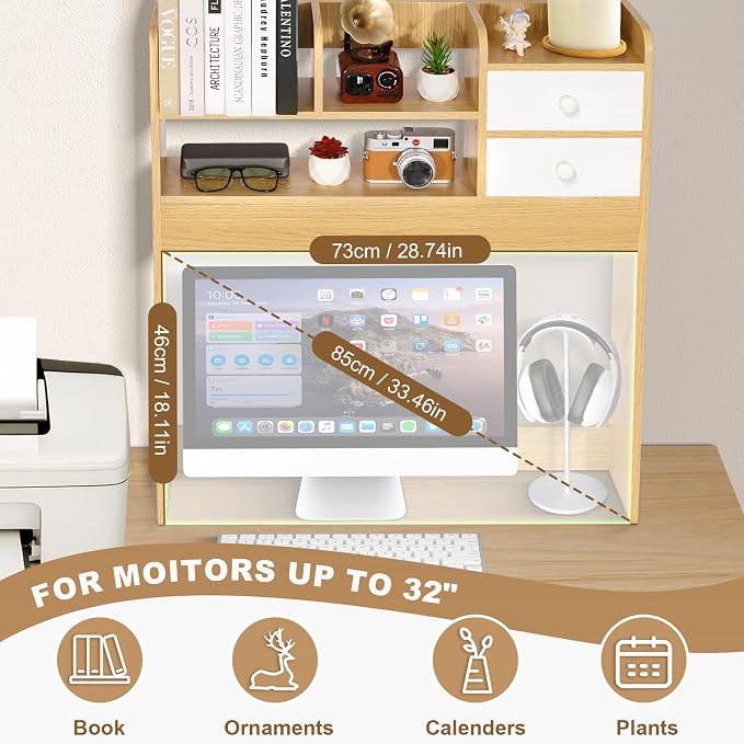 YGYQZ Wood Desk Shelf Organizer, Desk Hutch Top Only, Countertop Storage Hutch with 4 Shelves for Computer Desk，2-Tier with Cabinet Door Rack for Office, Home, Dorm，Natural