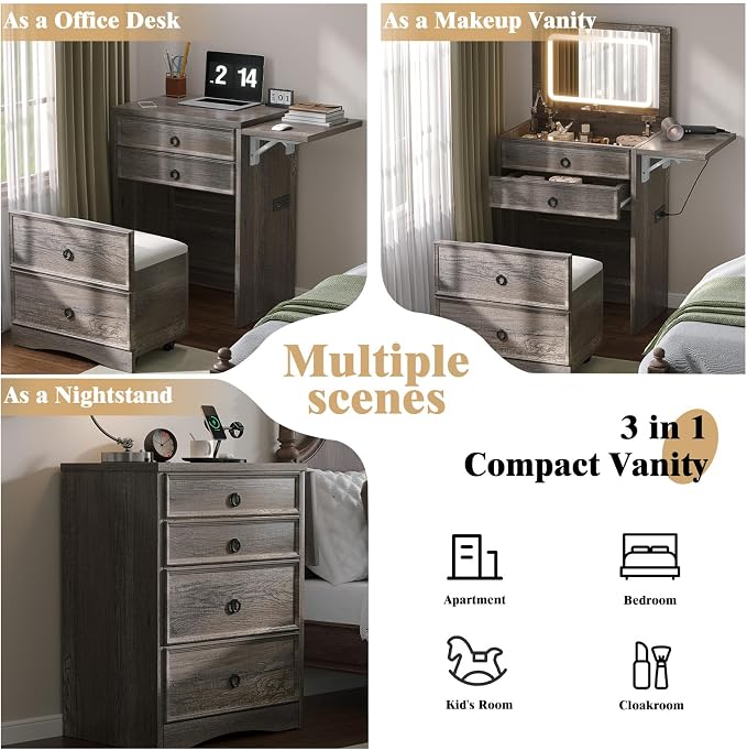 LUXOAK 3-in-1 Small Vanity Desk with Mirror and Lights, Compact Hidden Vanity Set with Stool & Charging Station, Makeup Table for Girls Bedroom and Dressing Room, Rustic Grey