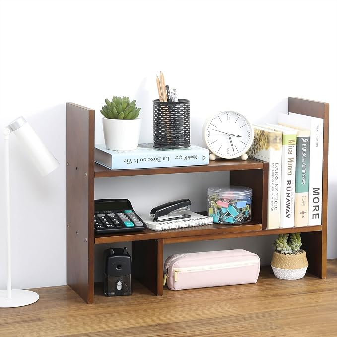 MyGift Adjustable Brown Solid Wood Desktop Storage Organizer Display Shelf Book Rack, Home Office Desk Decor Bookshelf