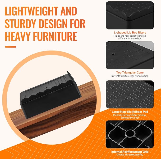 shouwuhho Furniture Risers, 8 Pack Bed Risers with Non-Slip Grip and Heavy Duty Support, 1 Inch 2 Inch 3 Inch 4 Inch Height Lift for Couch, Sofa, Table, Desk, Chair, Refrigerator - Black, 1 Inch