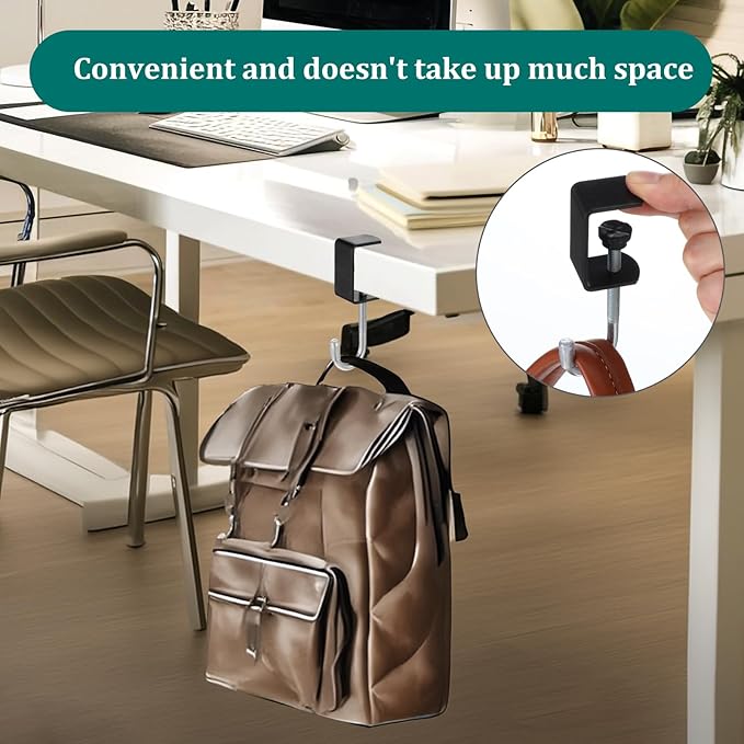 cobee Clamp-On Under Desk Hooks, Desk Mount Hanging Bag Holder Metal Hook Adjustable Headphones Clamp Organizer Portable Purse Hanger Clip Reduce Desk Clutter Table Desk Under Counter (8 Pcs, Black)