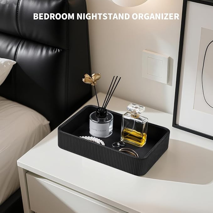 PU Leather Valet Tray Organizer, Modern Nightstand Organizer Bedside Desktop Storage for Womens and Men, Decorative Perfume Trinket Catchall Vanity Tray for Key Watch Wallet (Black)