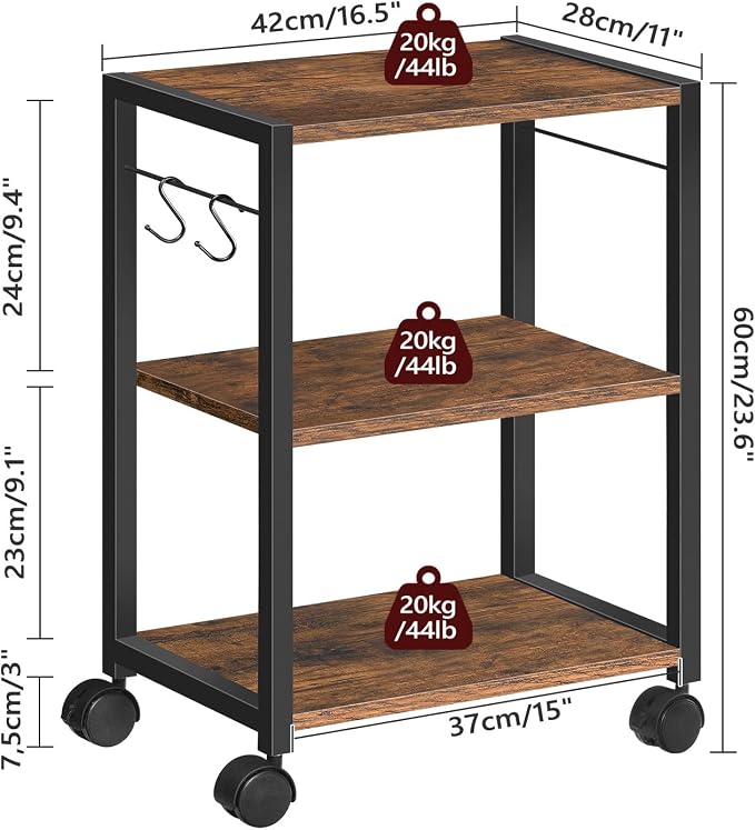 MAHANCRIS Printer Stand, 3-Tier Under Desk Rolling Cart with Storage Shelf, Heavy Duty Printer Table with Wheels for Home and Office, Printer Shelf with 2 Hooks, Small Spaces, Rustic Brown PTHR4001Z