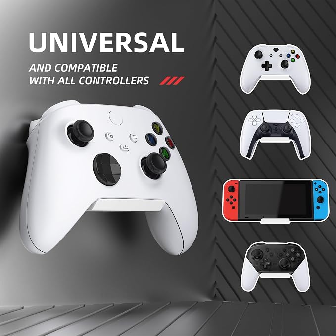 PlayVital FOLD Controller Holder Wall for ps5 ps4 Xbox Switch 2 Pro Headset, 2 Pack Universal Storage Organizer Gaming Controller Stand Headphone Mount - Foldable Anti-slip Adhesive Removable, White