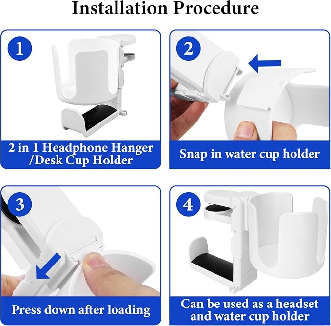 Geekria 2 in 1 Headphone Hanger&Desk Cup Holder, Under Desk Clamp Rotatable Headset Compatible with Sennheiser, Bose, Beats, Razer, HyperX, Sony, Suitable for Coffee Mugs, Water Cups (White)