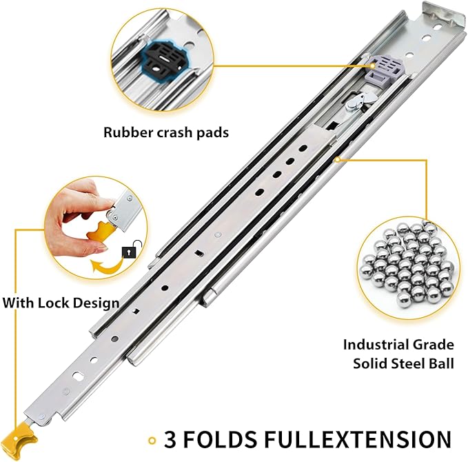YENUO Heavy Duty Drawer Slides with Lock 12 14 16 18 20 22 24 26 28 30 32 34 36 38 40 44 48 52 56 60 Inch Full Extension Side Mount Ball Bearing Locking Rails Track Glides Runners Load 200 Lbs 1 Pair