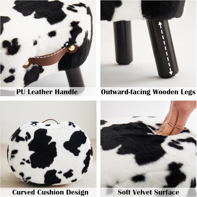 Foot Stools Small, Cow Ottomon with Handle, Velvet Footrest | Curved Foot Stool with Padded Seat Wooden Legs, Portable Foot Rest for Living Room, Bedroom, Entryway (Cow)