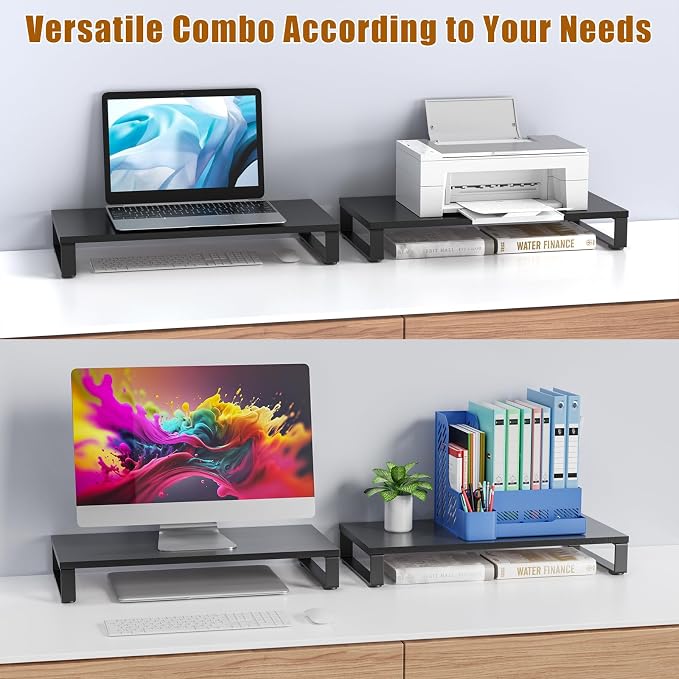 XINYAO Wood Monitor Stand Riser for Desk, 24x12x3 inch, Black | Sturdy wooden & steel computer monitor riser; ergonomic height reduces neck strain; Organizer for Office Laptop, PC, Printer