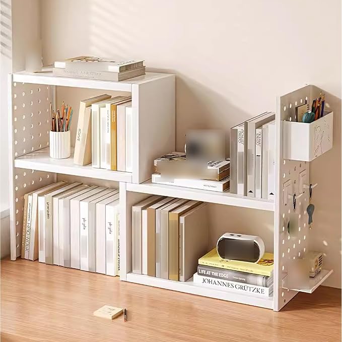 Desk Organizer Shelf, Space-Saving with Side Pegboards Retractable Suitable for Corners Stable, Desk Storage for Dormitories Bedrooms Offices(White)