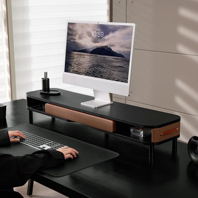 Fenge Monitor Stand with Large Drawer, 42.5 Inch Dual Monitor Riser for 2 Monitors, Ergonomic Computer Desk Shelf with Soft Touch Leather & Storage Organizer for Laptop, Computer, TV, PC, Printers
