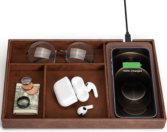 Valet Tray, Built in Wireless Charging Pad, Nightstand Organizer, Dresser Organizer, Mens Jewelry Box, Valet Charging Station, Faux Leather Valet Tray for Men and Women, Brown