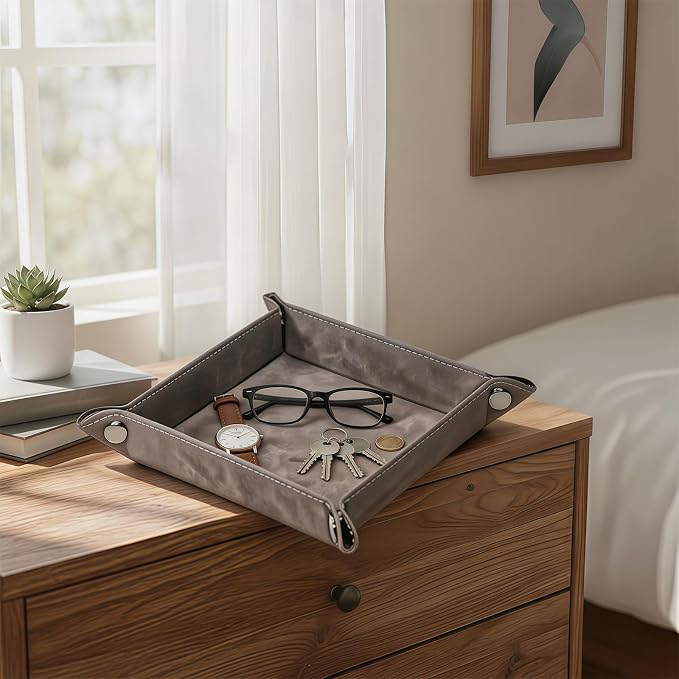 Valet Tray Desktop Storage Organizer – Vegan Leather Catchall Bedside Vanity Tray Nightstand Caddy Holder for Remote Controller, Watch, Keys, Phone, Wallet, Coin, Jewelry, Stone Gray Brown