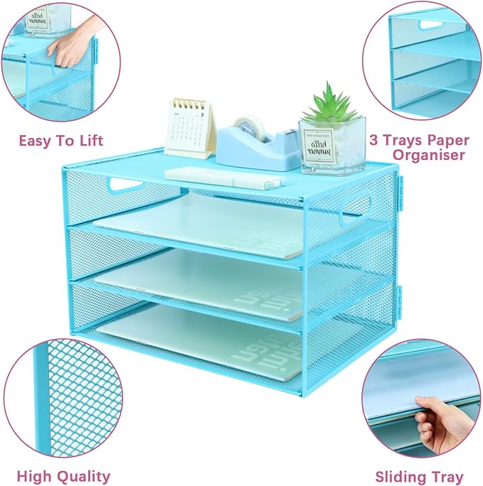 3 Tier Lettrer Tray Organizer, Metal Mesh Desk File Organizer with Sliding Trays, Paper Sorter Desk Organizer for Home Office School, Blue