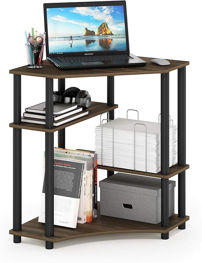 Furinno TURN-N-TUBE Desk, Gaming Desk with Shelves, Corner Computer Desk with Shelves, Office Desk, Space Saving, For Home Office, Bedroom, Columbia Walnut