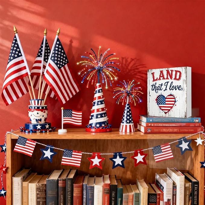 Patriotic Wooden Box Sign,Land That I Love 4th Of July Signs Home Decor,Independence Memorial Day Block Sign for Desk Shelf Tabletop Decor