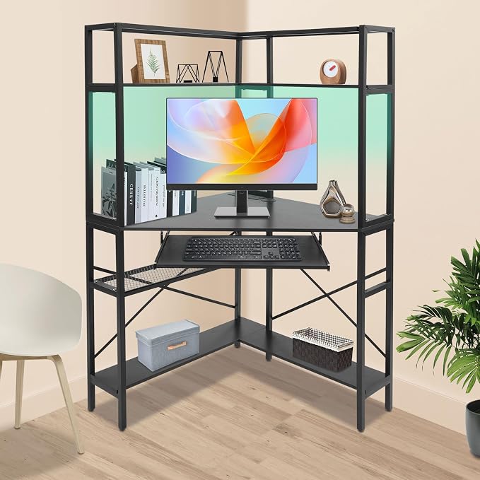 Corner Desk, Triangle Corner Computer Desk with Keyboard Tray and USB Ports, Small Computer Desk with Hutch and LED Lights ComputerDesk for Small Space, Home Office Desk, Black