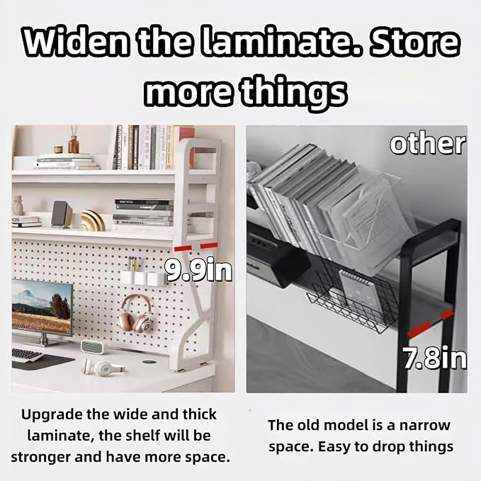 Desktop Hutch Bookshelf,Many Gifts,Metal Desktop Bookcase with pegboard, Desk Shelf, Countertop Storage Organizer Rack for Dorm or Office,Desktop Shelves (White, 29.5" Lx9.9 Wx39 H)