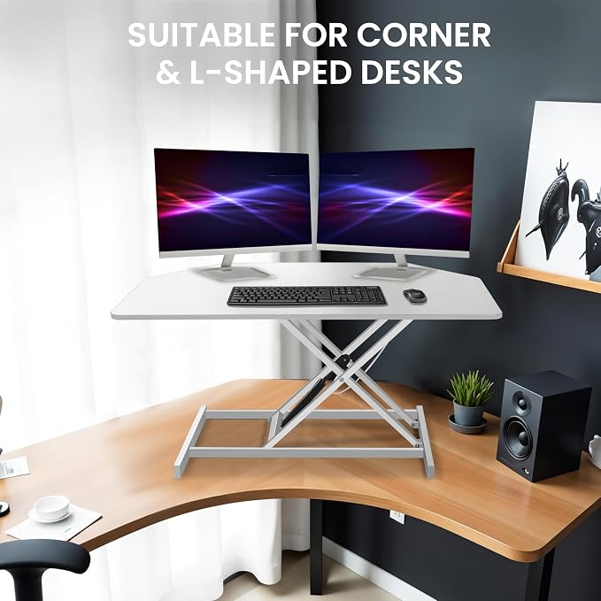 Aconcept 36 inch White Corner Height Adjustable Standing Desk Converter, One-Click Sit to Stand up Desk Riser, Pre-Assembled for Dual Monitor and Laptop Workstation